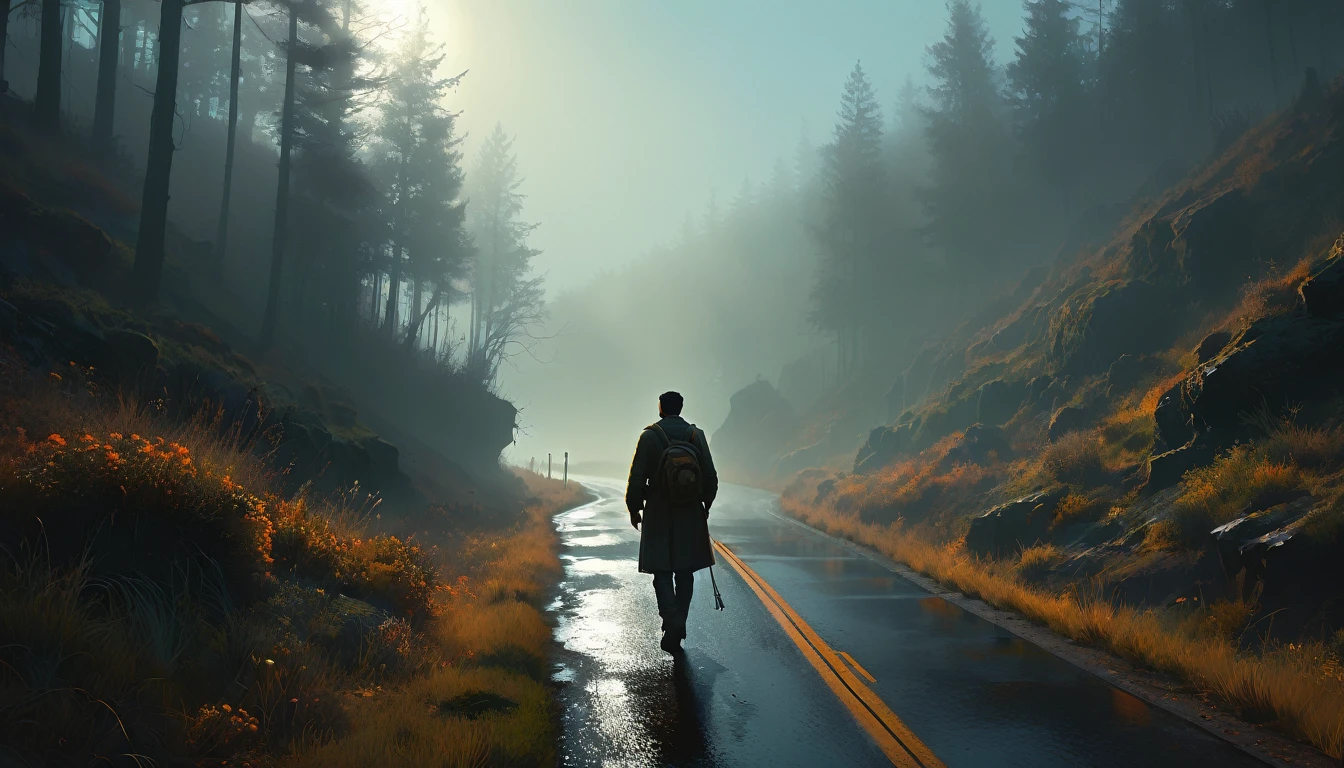 013: The journey continues, and the fog seems to become increasingly aggressive. Juan sees indistinct shapes moving at the edge of the road, shadows that seem to watch every move. He tries to push those thoughts aside, focusing on driving. However, the whispers in the fog become clearer, almost like voices whispering in his ear. The scene is rendered with cinematic color tones and intricate details, resembling a highly realistic game illustration style, inspired by Craig Mullins' atmospheric and detailed artwork, akin to a key art concept for a suspense