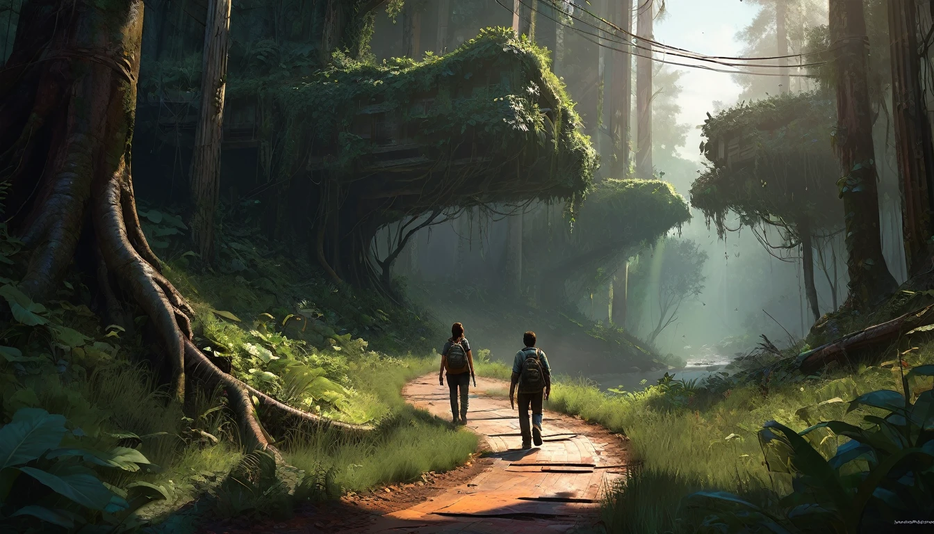 014: The road begins to transform into a true labyrinth. The curves become tighter, and the sense of disorientation grows. Juan remembers an alternative route that could take them to San Marcos, but it involves diverting through the heart of the forest, a place he has always avoided. With the situation becoming increasingly desperate, they decide to take the risk. The scene is rendered with cinematic color tones and intricate details, resembling a highly realistic game illustration style, inspired by Craig Mullins' atmospheric and detailed artwork, akin to a key art concept for a suspenseful video game like "The Last of Us."