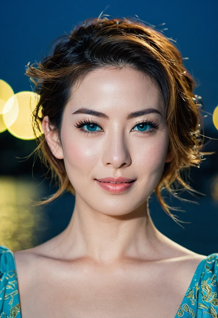 An upper body beautiful cute Japanese woman, still from the film, (Anne Hathaway look alike face: 0.7), solo, blush, exotic, seductive, smirk, fashion, model, fine art photography, iconic, dynamic angle, dynamic pose, macro, photograph, intricate background, Vietnamese (fashion icon:1.2) , Artistic, Gold hairstyle, Aesthetically Pleasing Turquoise Eyes, at Blue hour, Frightening, Interpolation, Fujicolor Superia X-TRA 400, 50mm, Offset print, RAW photo, highly contrasted, contemporary fine detail, highly intricate, detailed, stunning, Leica SL3, Summicron-SL 75 f/2 ASPH, Kodak Gold 200 film, bokeh, rim lighting, silhouette, shallowed depth of field, dynamic hands up,