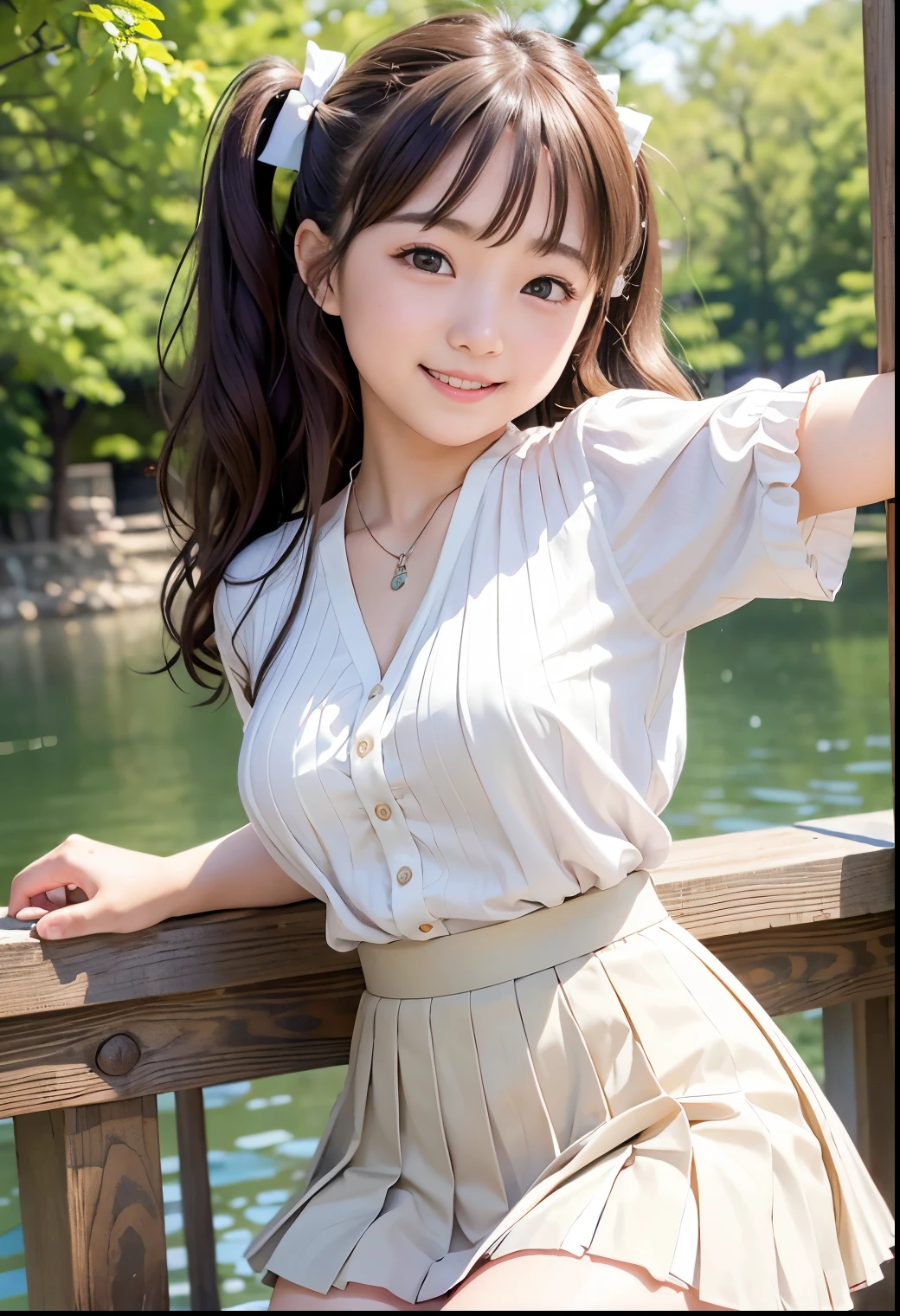 (Highest quality,masterpiece:1.3,Ultra-high resolution),(Very detailed、Caustics) (Realistic:1.4, RAW shooting、)Ultra-Realistic Capture、Very detailed、Natural skin texture、masterpiece、(A Japanese  girl wearing a white blouse and pleated skirt:1.3)、Adorable expression、Expressions of happiness、10 years old、heigby Face、Pure girl、Amazinglyn tail hairly Hair、ribbon、Black Hair、Large Breasts、Shining thighs、Shining ass、necklace、Sidewalk in a residential area、Background details、smile、An inviting gaze、(Anatomically correct)、Cowboy Shot、Attention to detail、