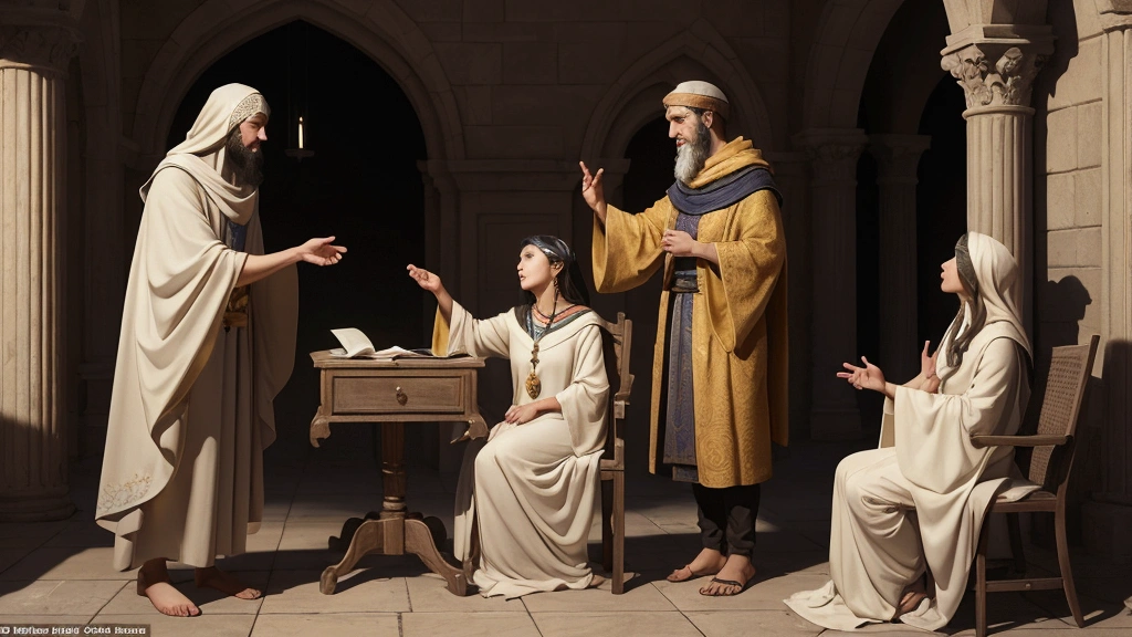 "Description: Illustrate the debate between viewing biblical prophecies as symbolic or literal. Show two contrasting scenes: one depicting symbolic interpretations and the other depicting literal predictions.

Details: Use contrasting color palettes to differentiate between the two perspectives—soft, abstract colors for symbolic interpretations and precise, realistic colors for literal interpretations. Include elements such as:

Symbolic Interpretations: Abstract imagery representing spiritual truths, such as metaphoric landscapes or allegorical figures.
Literal Predictions: Detailed, realistic depictions of future events as envisioned by literal interpreters, such as specific disasters or scenarios described in the prophecies.
Debate: Illustrate scholars or interpreters engaged in a discussion or debate, with visual cues indicating their differing viewpoints.
Show a range of expressions from contemplation to conviction, reflecting the passionate debate over the nature of the prophecies."