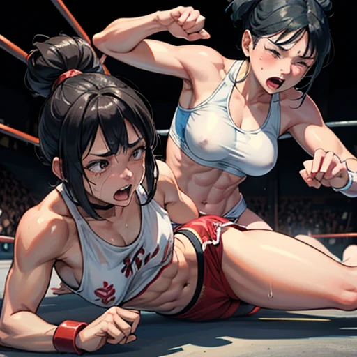 a  bloody japanese girl street fighter and a lady street fighter is fighting in the back street. the girl is lying down. the lady knock out the girl. the girl is being beated down by the lady. the lady is punching the girl so hard. the girl has no energy. the girl is crying and screaming. the girl has short-cut black hair, shortness of breath, drool from her mouth, closed eye, exhaustion, and sweat soaked. open finger grobe. full body. Muscularity. Six pack abs. Erect nipples.