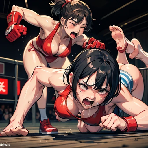 a  bloody japanese girl street fighter and a lady street fighter is fighting in the back street. the girl is lying down. the lady knock out the girl. the girl is being beated down by the lady. the lady is punching the girl so hard. the girl has no energy. the girl is crying and screaming. the girl has short-cut black hair, shortness of breath, drool from her mouth, closed eye, exhaustion, and sweat soaked. open finger grobe. full body. Muscularity. Six pack abs. Erect nipples.