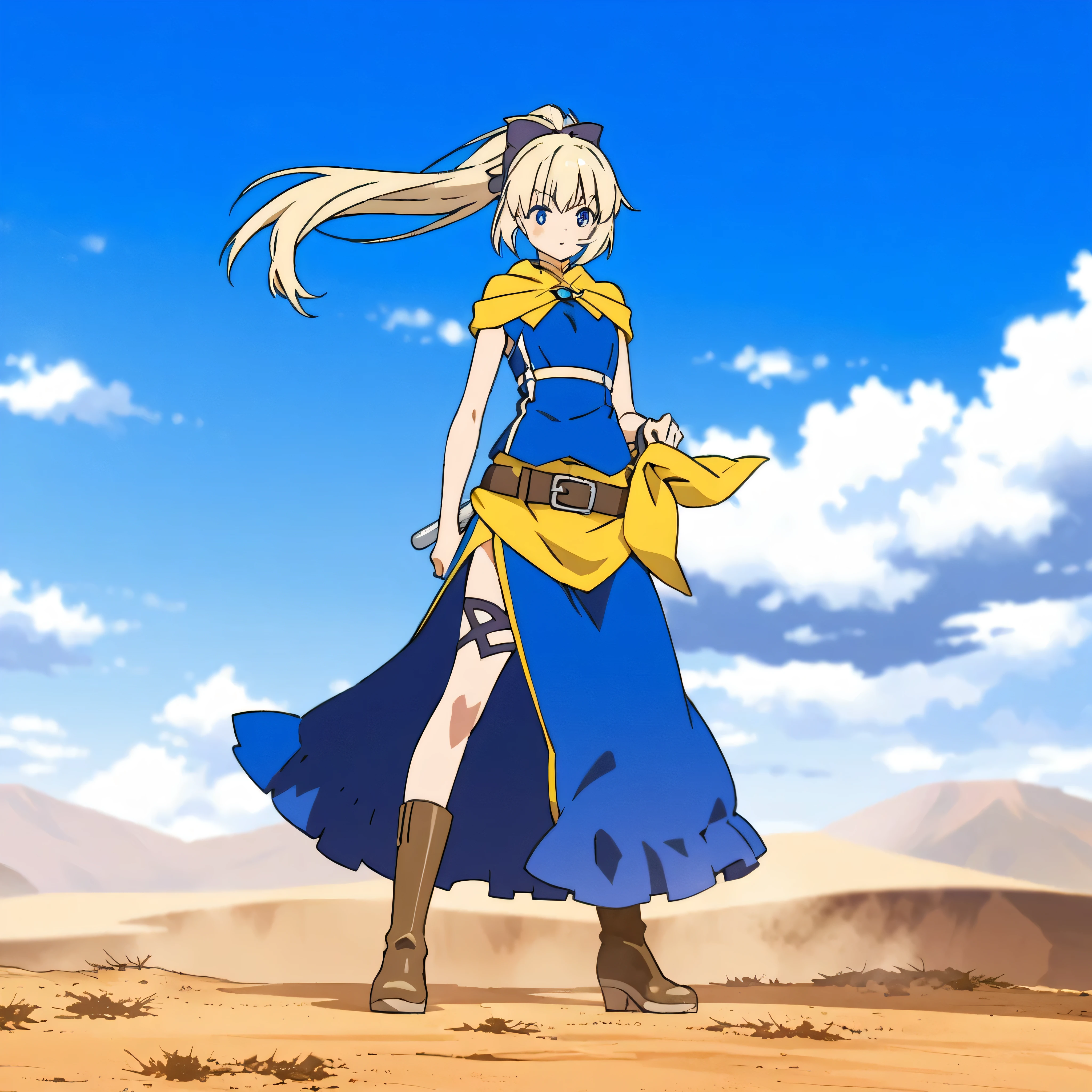 anime girl in blue and yellow outfit standing in desert area, menou from shokei shoujo no virgin road,