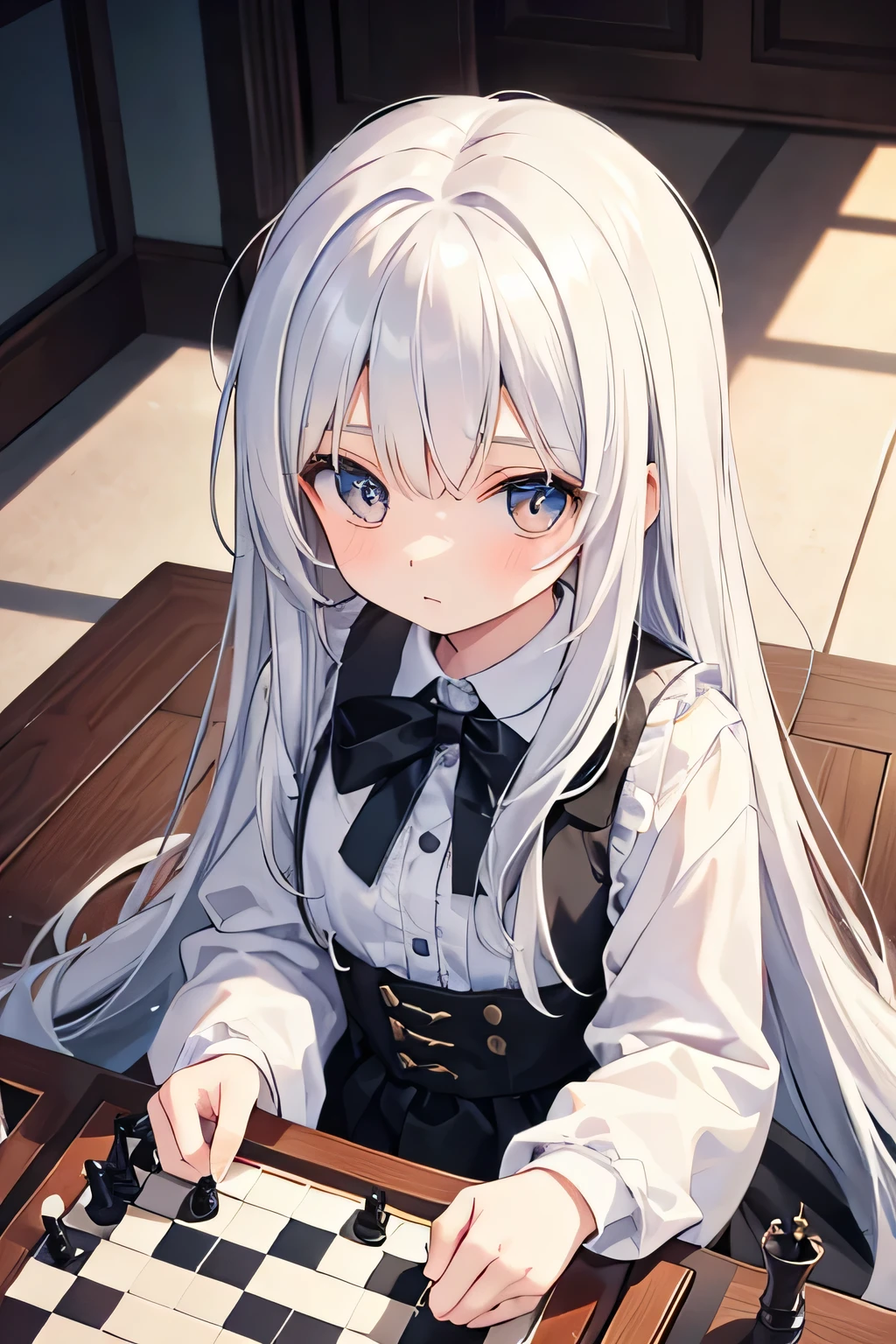 Playing chess,A  with medium-long white hair,Oblique view from above