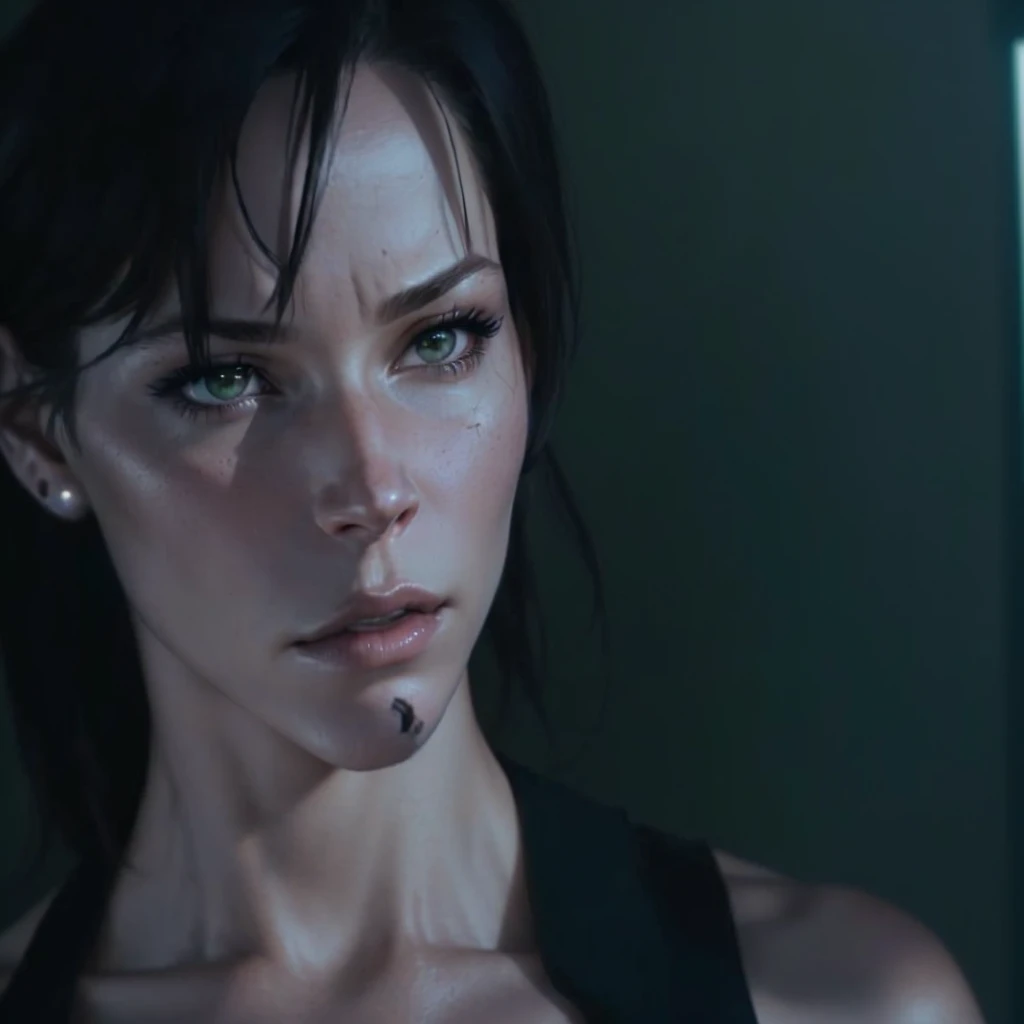 a close up of a woman with a black top and a black top, evangeline lilly, cinematic jennifer lawrence, cinematic close-up bust shot, cyborg cate blanchett, milla jovovich, movie screencap, glamorous jill valentine, lara croft, kate beckinsale weared as thief, cinematic close shot, in a scifi movie, quiet from metal gear solid