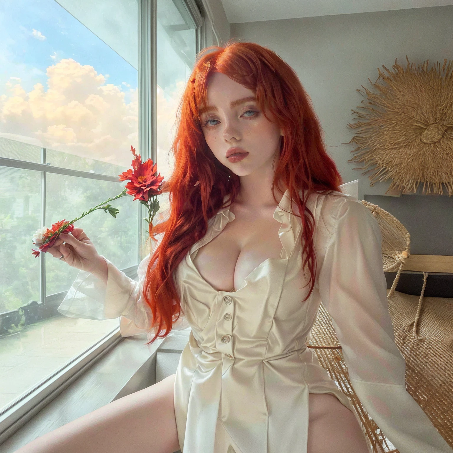 redhead haired woman in white dress holding a flower in front of a window, amouranth, redhead girl, with curly red hair, red haired goddess, with long red hair, sophie turner, with pale skin, with red hair, better known as amouranth, anna nikonova aka newmilky, young beautiful amouranth, flowing ginger hair, sadie sink