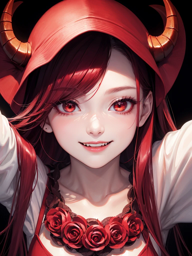 44 years old、beautiful girl、night、Apparition、Fangs from the mouth、Horns on the head、smile、Red Hair、Big slanted eyes、Big Mouth、Dark Background、Close-up of face
