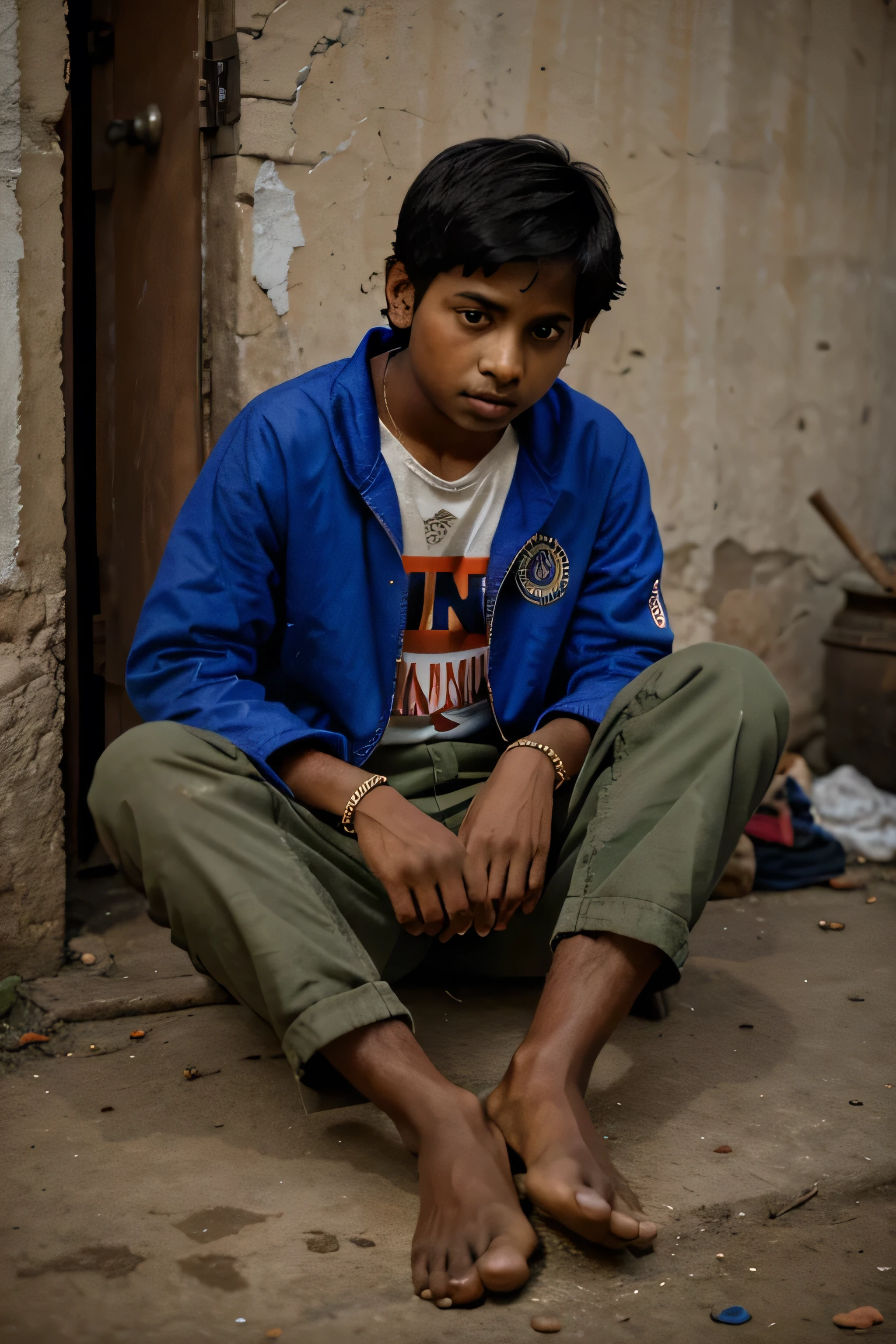 A poor indian boy sitting with bad clothes and writing 