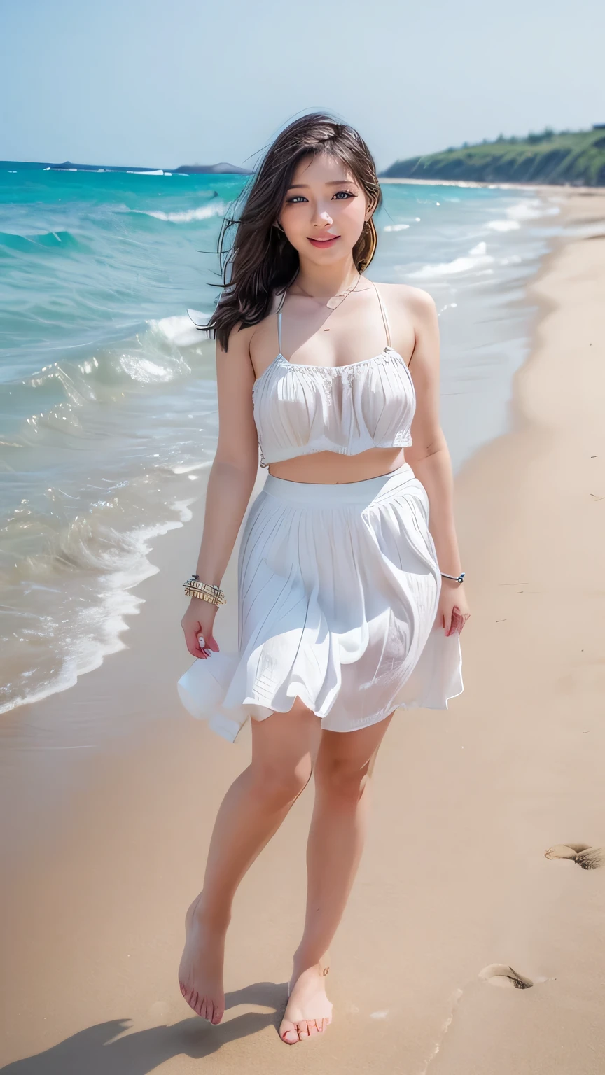 (High resolution photo, bust, 1 girl, 28 years old, woman, facial details, baby fat, waist accessories, smile, showing less teeth, white skin, full body, mini summer skirt, model pose, at the beach)