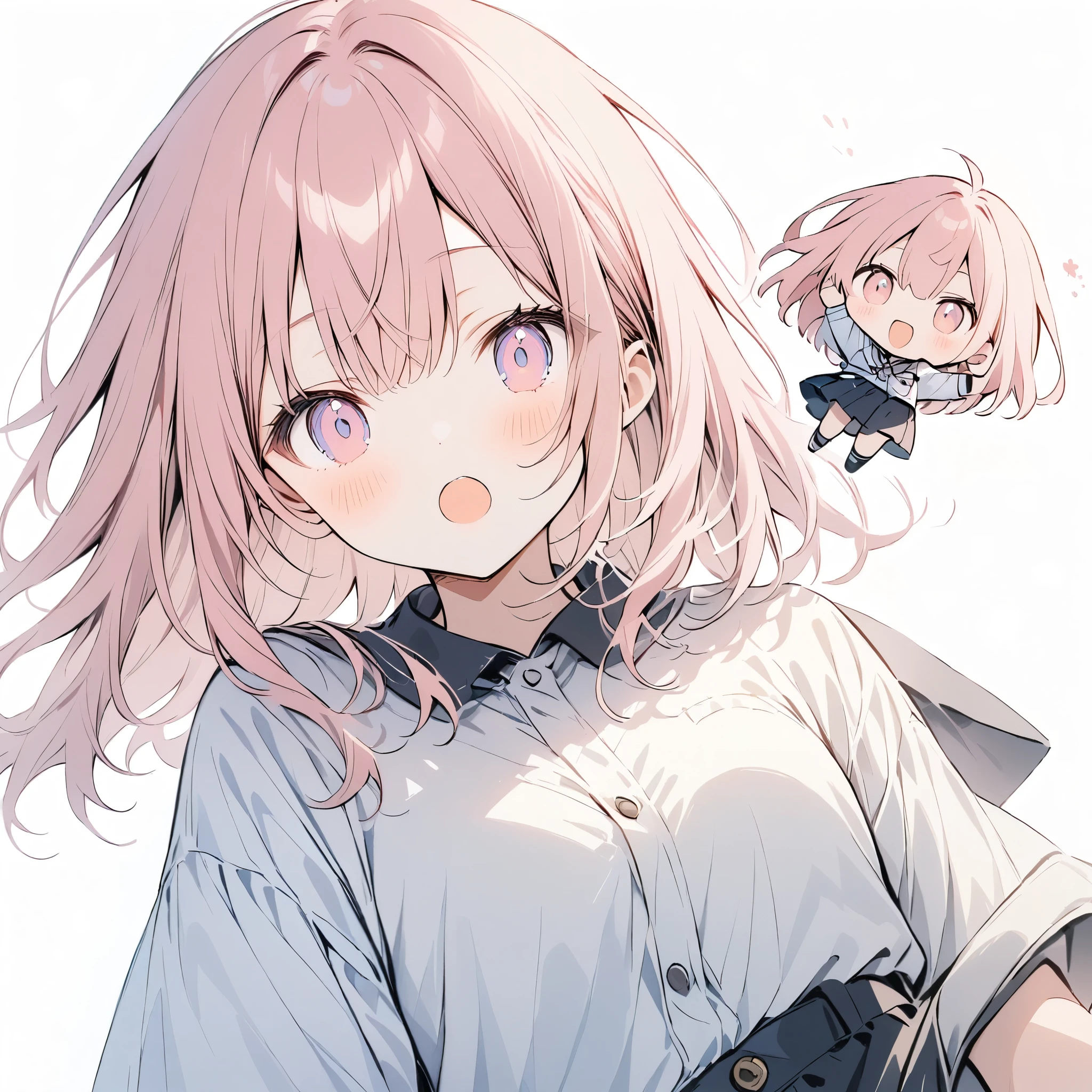 (White Background),(Chibi Character:1.4) 3rd grade、alone,FULL Body、Shortcuts, Pink Hair, Open your mouth a little,