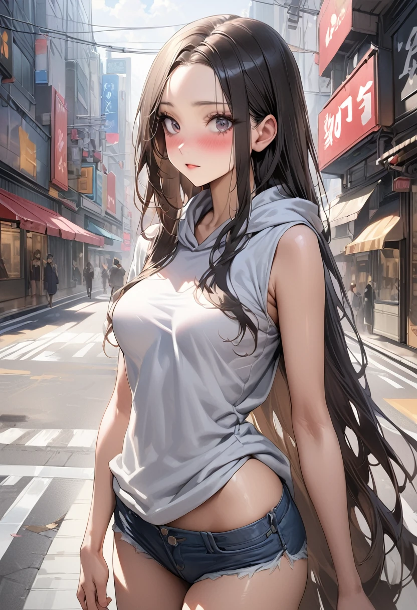 ((masterpiece,Highest quality:1.3,best quality illustration)),realistic,cowboy shot,独奏,1woman,(25 year old beauty),((very small head:1.3)),black hair,long hair,forehead,center parted bangs,black eyes,gorgeous big eyes,blush,((very long body,skinny)),medium breasts,gleaming skin,toned body,slender body,skinny,(oversized gray hooded sweatshirt)、Denim Microshorts、standing,on street,Shinjuku、Tokyo、