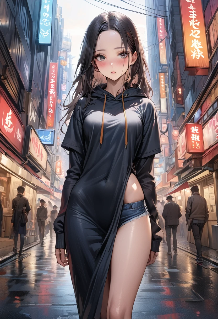 ((masterpiece,Highest quality:1.3,best quality illustration)),realistic,cowboy shot,独奏,1woman,(25 year old beauty),((very small head:1.3)),black hair,long hair,forehead,center parted bangs,black eyes,gorgeous big eyes,blush,((very long body,skinny)),medium breasts,gleaming skin,toned body,slender body,skinny,(oversized gray hooded sweatshirt)、Denim Microshorts、standing,on street,Shinjuku、Tokyo、