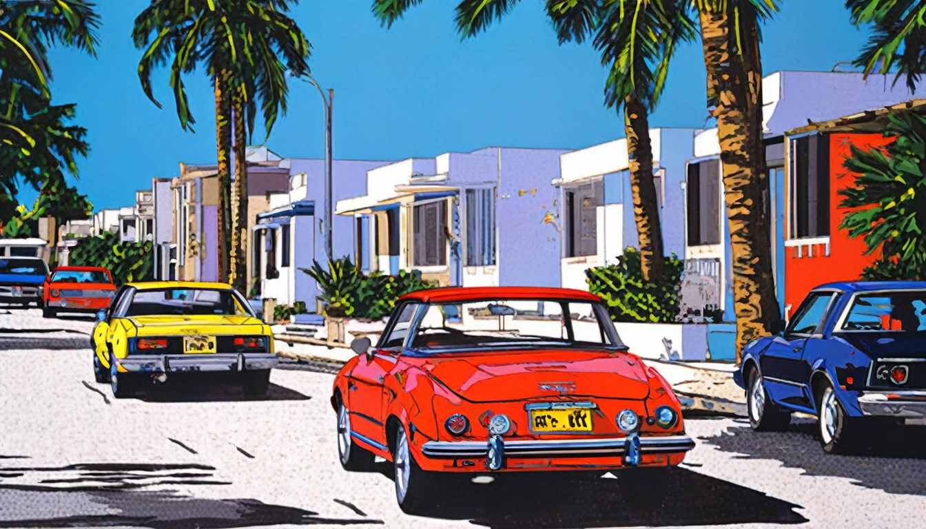 Highest quality，masterpiece，Suzuki Hideto-style 80s city pop culture,The only red classic car facing the sea　sports car，Beach， Palm trees on the street， blue sky