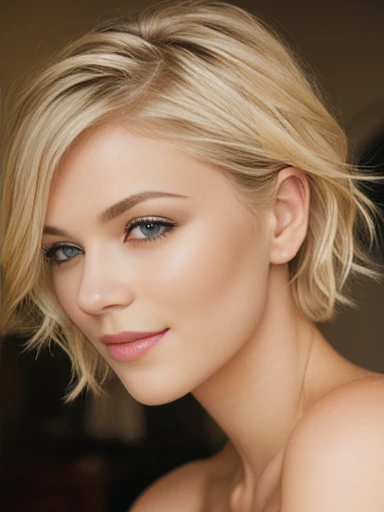 blonde woman with green eyes posing for a picture, blonde short hair, blonde and attractive features, short blonde hair, short blond hair, blonde hair and green eyes, blonde hair green eyes, short wavy blond hair, a gorgeous blonde, short curly blonde haired girl, a girl with blonde hair, short hair with gel, beautiful face and flawless skin. Bare shoulders, bare neck. Naked, nude