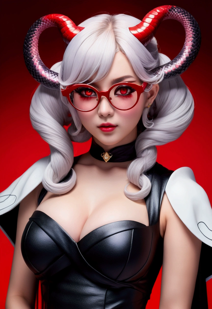 Fine、(The best illustrations)、8k UHD resolution、intricate-detail、top-quality、realisitic、ultra-detailliert、The best lighting、Best Shadows、Soft lighting、Ulutra HD、Ultra-realistic、Tindall Effect、Photorealsitic、(High Detail Skins:1.2)、 (Intricate details, makeup, pureerosface_v1:0.5), (Detailed beautiful delicate face, Detailed beautiful delicate eyes, A perfectly proportioned face, High detailed skin, Detailed skin, best ratio four finger and one thumb, arms below breasts, Tattoo with a red glow under the stomach、Awesome awesome, wide hips, smooth midriff, skiny and thin, __Fashion__, __hair__:1.25)、Digital SLR、 absurderes、1 beautiful devil woman from hell, surreal female portraits by David Hockney and Alphonse Mucha, Portrait of a seductive woman、Fantasy Art, Chinese Doll、Chinese actress、Dungeon、The dragon、Devil's Palace、Devil's Torture Chamber、natta、Dark style 、In the Dark、(Detailed spooky backgrounds:0.8), magia、 1人、Evil Nun、Dark Necromancer、Succubus、Devil's Daughter、Umi Shinonome、Bat Wings,(((Demon Horns)))、 ((((Huge glasses, Otaku Glasses, thick glasses, Round glasses)))),(((Colossal tits)))、(Devil's Tail)、(red eyes glowing:1.6)、red eyes make up very sharp and detailed, The eyes are very well made up, ((Red Eye:1.0)),intricate tattoos, demonic intricate tattoos, thigh tattoos, body tattoos, masterpiece、The most beautiful face、a baby face、Charming smile、plump beautiful red lipuscular seductive body、The enchanting body of the devil、devil style、Seductive Black Magic Costume、(((A shiny red snake is wrapped around her body)))、The long-haired、Braids、Black hair、Ponytail distortion、, Ponytail with a bow tied at the back of the hair, Beautiful expression、Body Up、Large breasts emphasis、Bust, Super tight breasts, Breast augmentation surgery, The breasts are very big and round and round,Toned waist、Wide buttocks、 lowkey, cowboy lens, (red phoenix dress: 1.0), devil crown, Red sparkling gemstone necklace、Jewelry Gwise, wearing black mesh socks,Wear light red、nffsw, nff
