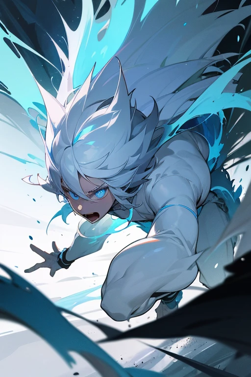 White hair-blue eyes boy ,white beast, running in the forest, for being chased by lands from another planet 