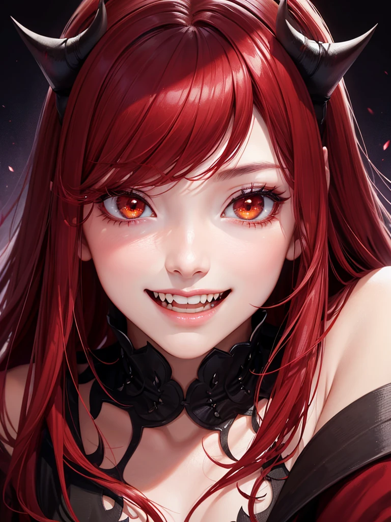 44 years old、beautiful girl、night、Apparition、Fangs from the mouth、Horns on the head、smile、Red Hair、Big slanted eyes、Big Mouth、Dark Background、Close-up of face