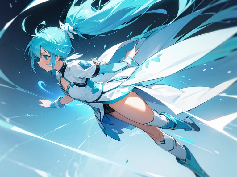 cure aqua(light blue hair, long ponytail, white battle costume, heart decoration on chest, light blue boots), sex(1 black boy, 1girl)