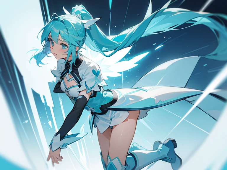 cure aqua(light blue hair, long ponytail, white battle costume, heart decoration on chest, light blue boots), sex(1 black boy, 1girl)