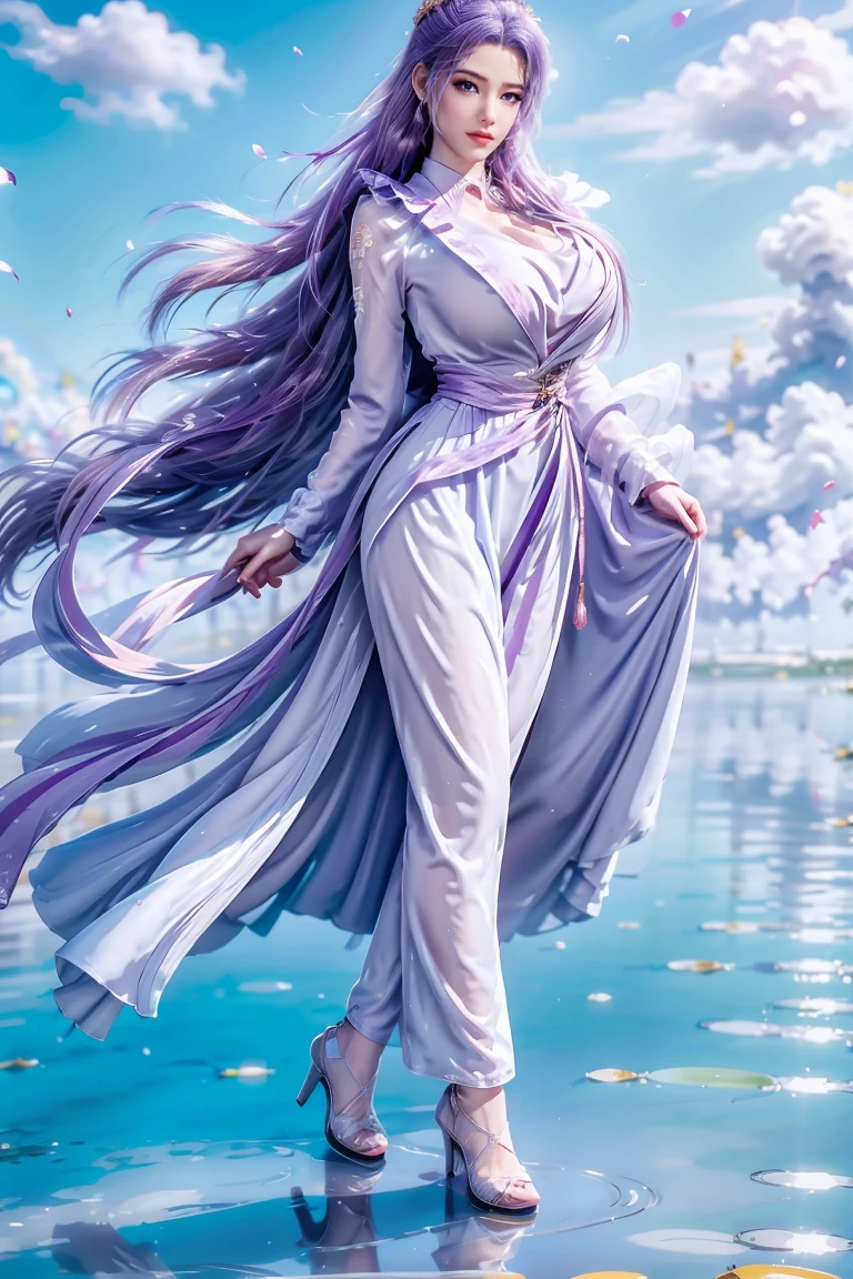 Chinese purple cheongsam，Long legs，Large Breasts，With cleavage，full-body shot，Wearing purple high heels，Swimming