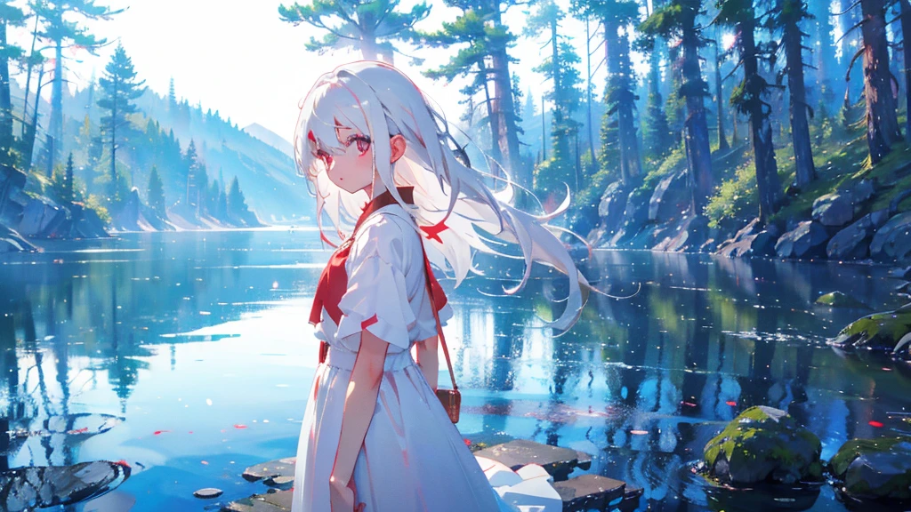One girl、White Hair、Red Eyes、Long Hair、White Dress、lake、forest、mysterious