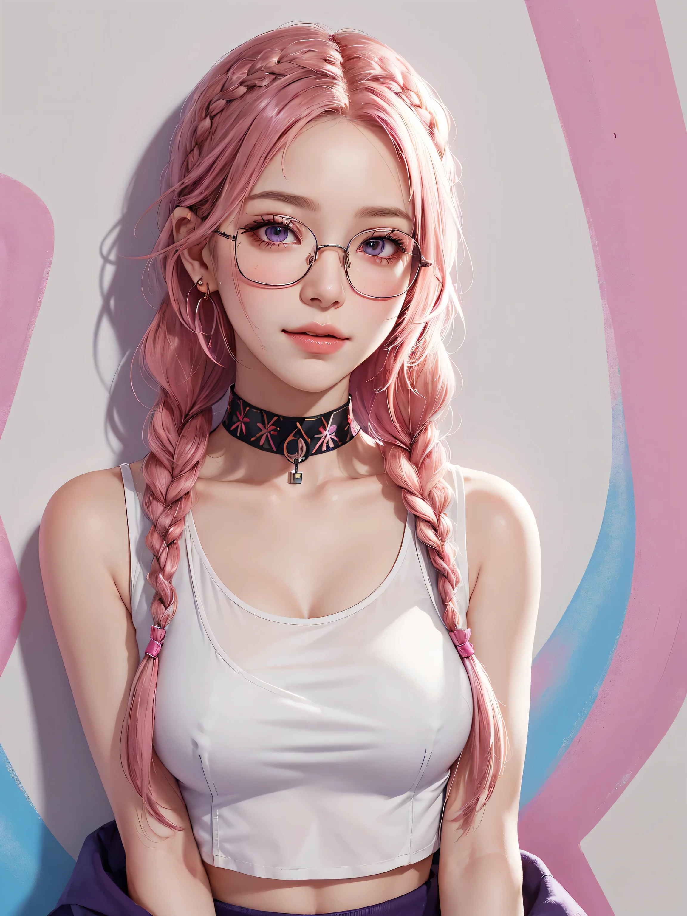 (Masterpiece, best quality, 1 girl, alone, complicated details, Chromatic aberration), realistic, ((Moderate breath)),long hair, pink hair, Red headpiece, Pink Highlights, hair on one eye,purple eyes, earring, sharp eyes, choker, Neon coat, She wears a collar, bangle, and kimono style garters., crop top, (symmetrical eyes),(Perfect symmetrical body),against the wall, Brick wall, (colorful graffiti words on the wall:1.2), The light is dim., alley ,Look at the viewer.、Dig the chest、smile、(sleeveless、Navel touch、Fitted turtleneck.)、street string hot pants、Thin bottom、Please build above the eaves..、Thin shoulders、1 Female,Brown Hair, ,((Anxious expression)),Beautiful breasts,School Swimsuit、Stylish,,(Look forward)(((Blushing、Surprised expression)),(((Braid))),((( Upper body portrait)))Frameless Glasses