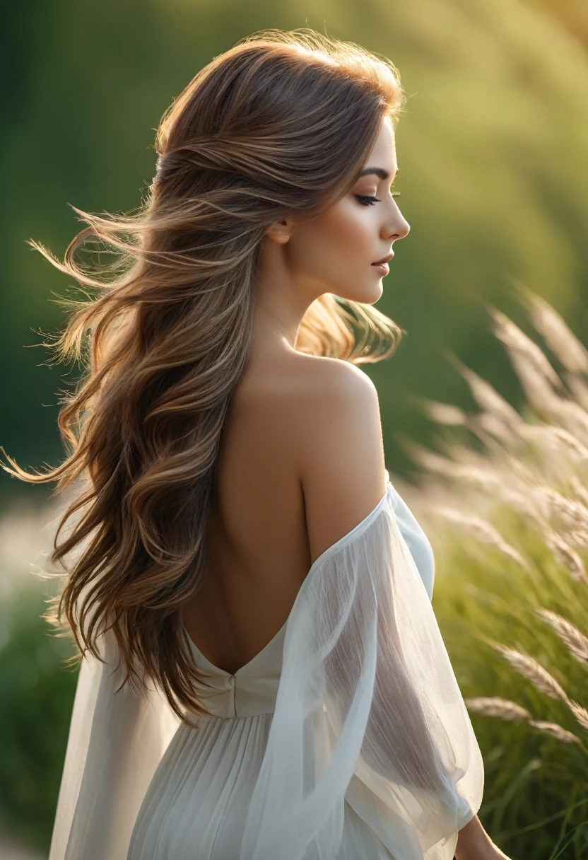 Back View, a woman, incredibly beautiful, hair sways in the gentle breeze, best quality, 8k, high resolution, ultra-detailed,