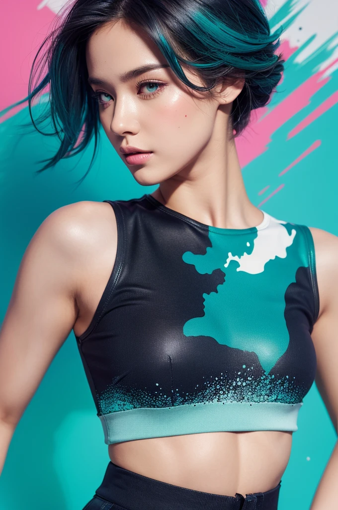 samdoesarts style award winning half body portrait of a beautiful woman in a croptop and cargo pants with ombre navy blue teal hairstyle with head in motion and hair flying, paint splashes, splatter, outrun, vaporware, shaded flat illustration, digital art, trending on artstation, highly detailed, fine detail, intricate