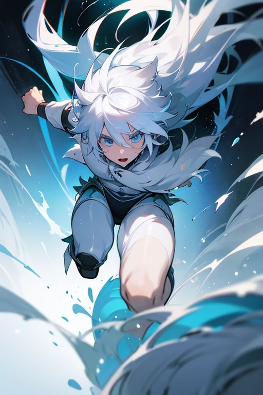 White hair-blue eyes boy ,white beast, running in the forest, for being chased by lands from another planet 