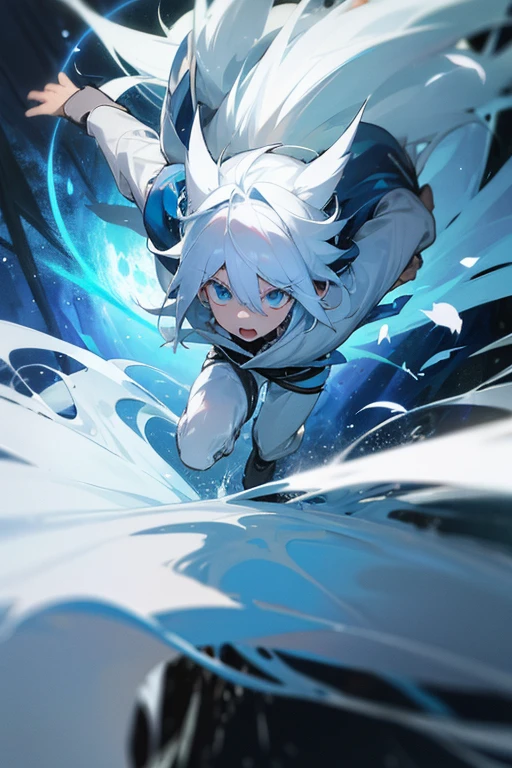 White hair-blue eyes boy ,white beast, running in the forest, for being chased by lands from another planet 