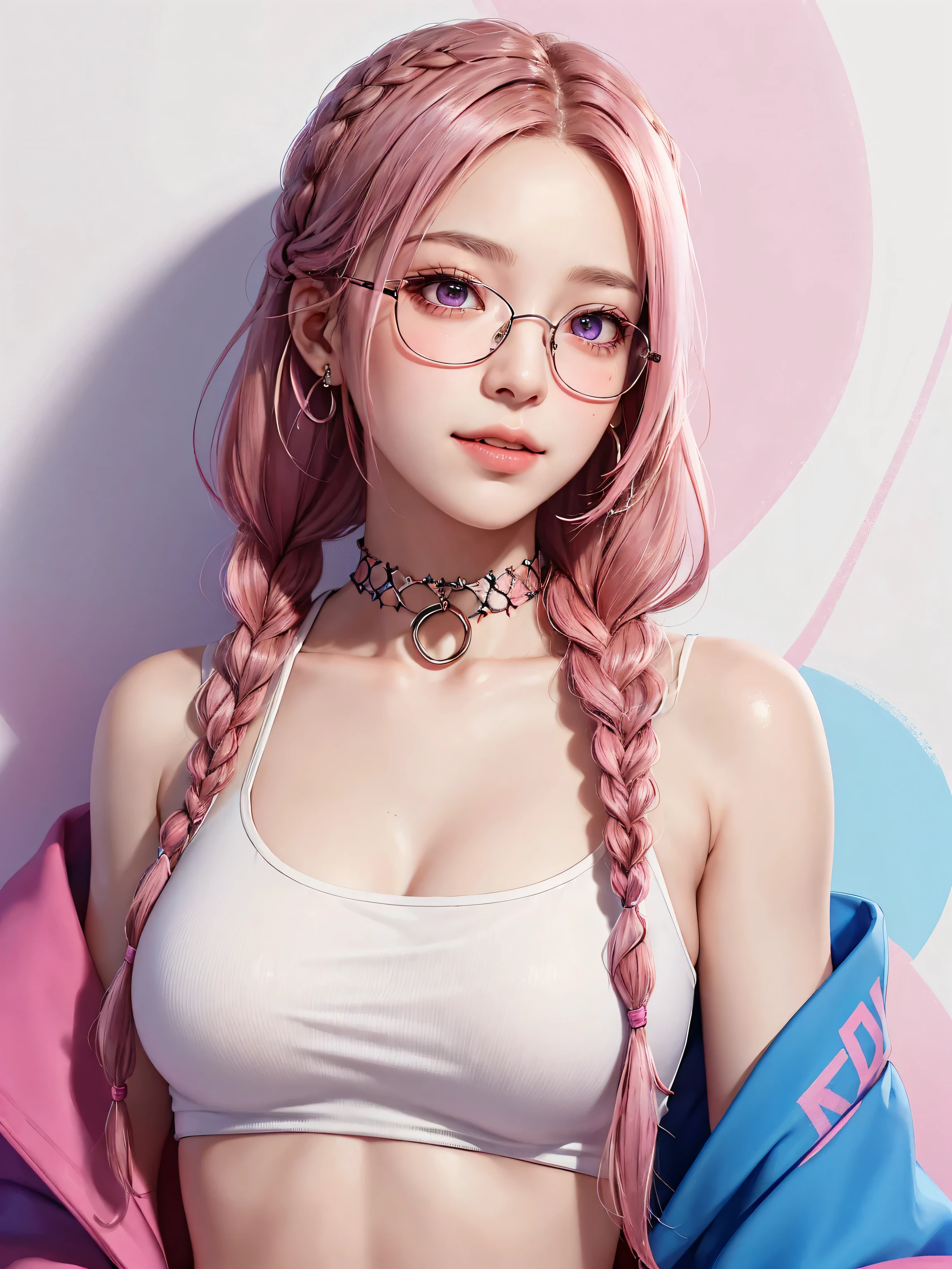 (Masterpiece, best quality, 1 girl, alone, complicated details, Chromatic aberration), realistic, ((Moderate breath)),long hair, pink hair, Red headpiece, Pink Highlights, hair on one eye,purple eyes, earring, sharp eyes, choker, Neon coat, She wears a collar, bangle, and kimono style garters., crop top, (symmetrical eyes),(Perfect symmetrical body),against the wall, Brick wall, (colorful graffiti words on the wall:1.2), The light is dim., alley ,Look at the viewer.、Dig the chest、smile、(sleeveless、Navel touch、Fitted turtleneck.)、street string hot pants、Thin bottom、Please build above the eaves..、Thin shoulders、1 Female,Brown Hair, ,((Anxious expression)),Beautiful breasts,School Swimsuit、Stylish,,(Look forward)(((Blushing、Surprised expression)),(((Braid))),((( Upper body portrait)))Frameless Glasses