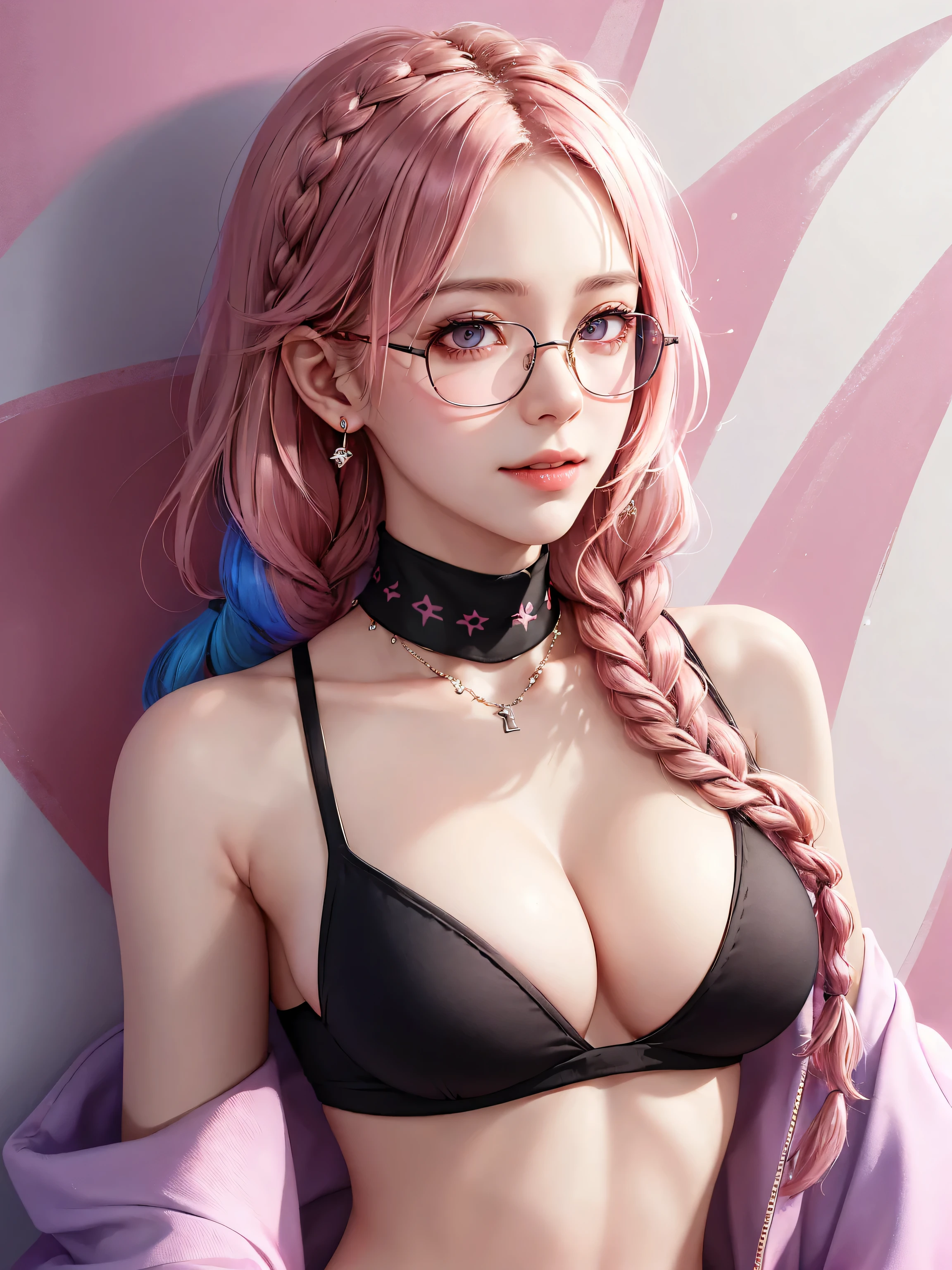 (Masterpiece, best quality, 1 girl, alone, complicated details, Chromatic aberration), realistic, ((Moderate breath)),long hair, pink hair, Red headpiece, Pink Highlights, hair on one eye,purple eyes, earring, sharp eyes, choker, Neon coat, She wears a collar, bangle, and kimono style garters., crop top, (symmetrical eyes),(Perfect symmetrical body),against the wall, Brick wall, (colorful graffiti words on the wall:1.2), The light is dim., alley ,Look at the viewer.、Dig the chest、smile、(sleeveless、Navel touch、Fitted turtleneck.)、street string hot pants、Thin bottom、Please build above the eaves..、Thin shoulders、1 Female,Brown Hair, ,((Anxious expression)),Beautiful breasts,School Swimsuit、Stylish,,(Look forward)(((Blushing、Surprised expression)),(((Braid))),((( Upper body portrait)))Frameless Glasses