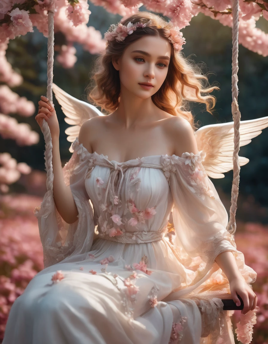 A charming angel maiden with delicately folded wings, perched on a quaint swing of blooming petals knotted in the air, raw photography, resembling a dream book illustration, unveiling an aesthetically breathtaking panorama, dynamically interplay of light, depth of field, intricately detailed