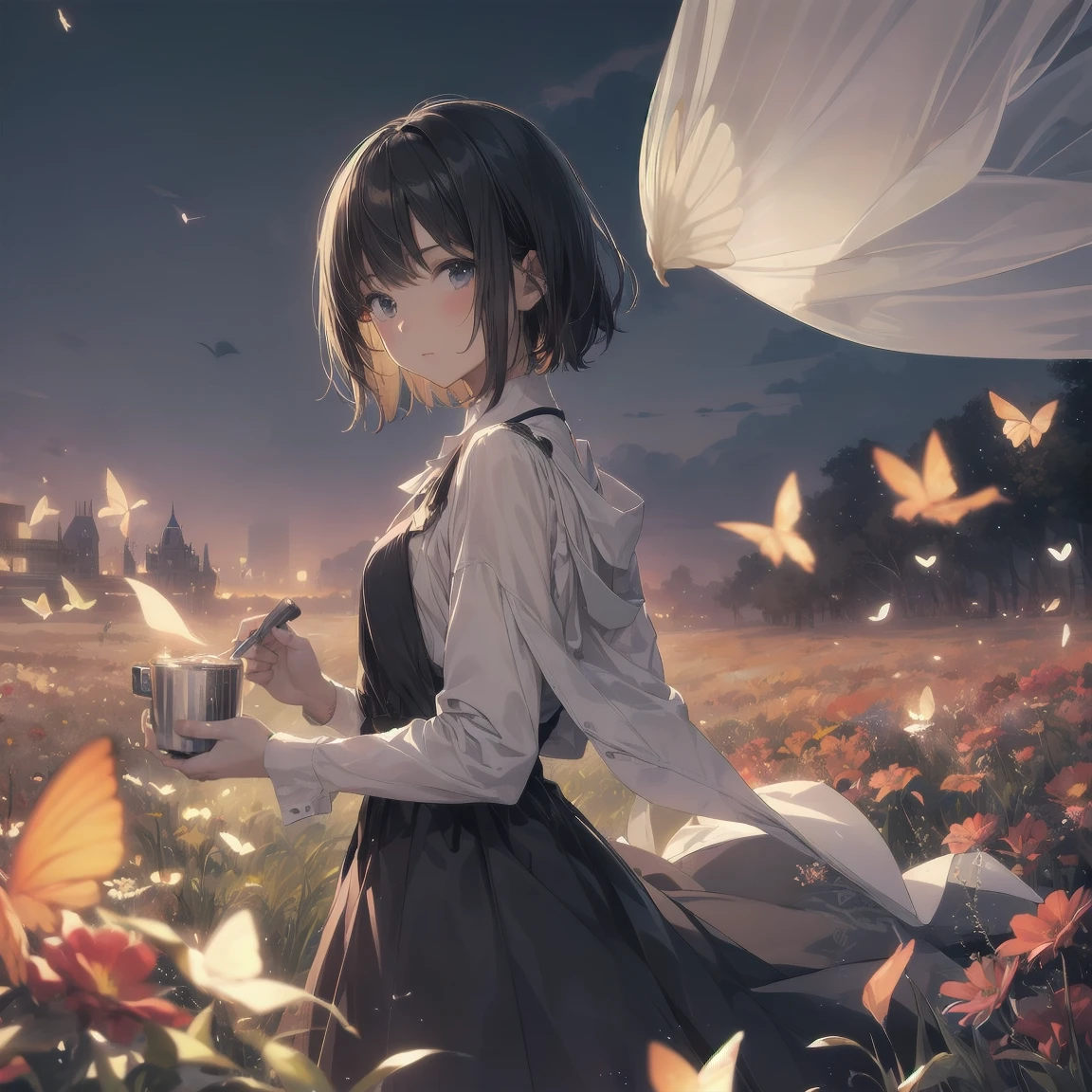 Portraiture, photograph, a girl with a Gender-neutral appeal wearing white dress and hot pants Surrounded by butterflies in a flower field, high quality, Three-part method, center the subject, Eye-level shot, Medium Shot, Side view, nature光, Surrounded by butterflies, Gender-neutral appeal, nature.break,One girl, cute,(alone, face,12 years oldharm of androgyny,(Very short hair),Flat Chest, Beautiful and exquisite black eyes, (She is wearing hot pants under her white dress:1.2), Colorful butterflies, break,((最high quality,Shinkai Makoto style,Very detailed,High resolution,Very detailedCG,unity 8k wallpaper,By famous artists,Perfect Anatomy,Very detailed肌,Cinema Lighting)),