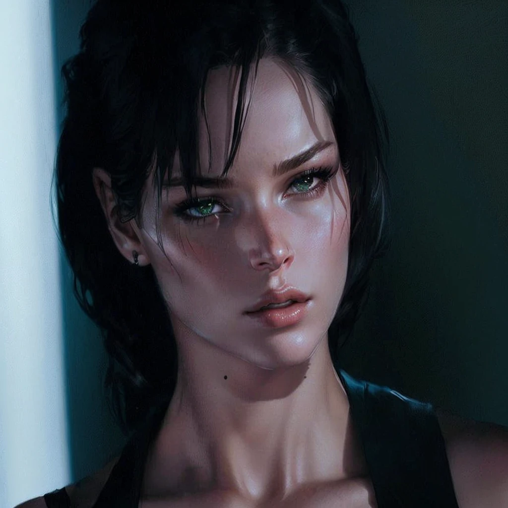 A closeup of a woman in a black top and a black bra, intense combustion, Jennifer Lawrence film, Vesper Lynd do Cassino Royale, glamorous jill valentine, trinity from the matrix, & your expression is solemn, Milla Jovovich, æon flux style mix, style is a mix of æon flow