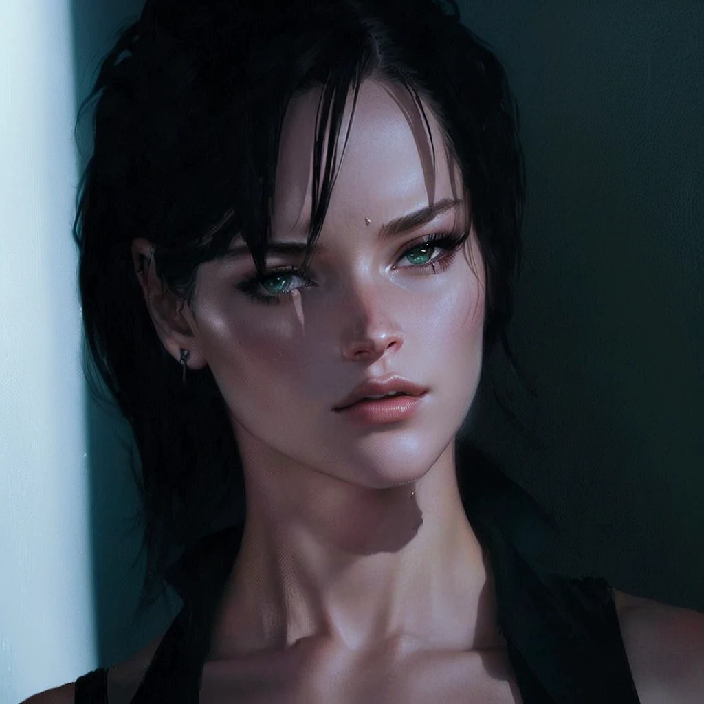 A closeup of a woman in a black top and a black bra, intense combustion, Jennifer Lawrence film, Vesper Lynd do Cassino Royale, glamorous jill valentine, trinity from the matrix, & your expression is solemn, Milla Jovovich, æon flux style mix, style is a mix of æon flow