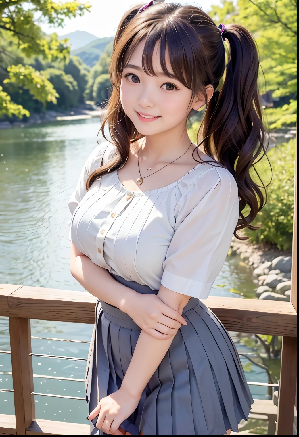 (Highest quality,masterpiece:1.3,Ultra-high resolution),(Very detailed、Caustics) (Realistic:1.4, RAW shooting、)Ultra-Realistic Capture、Very detailed、Natural skin texture、masterpiece、(A Japanese girl wearing a blouse and pleated skirt:1.3)、Adorable expression、Expressions of happiness、10 years old、heigby Face、Pure girl、Amazinglyn tail hairly Hair、ribbon、Black Hair、Large Breasts、Shining thighs、Shining ass、necklace、Shade by the lake、Background details、smile、An inviting gaze、(Anatomically correct)、Cowboy Shot、Attention to detail、