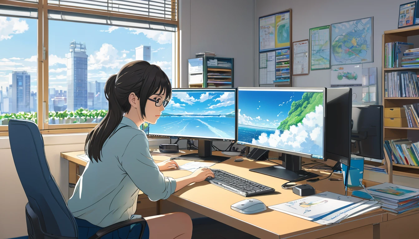 There is a woman sitting at a desk with a laptop and a monitor, Japanese illustrator, detailed 2D illustration, Makoto Shinkai. Digital Rendering, 2D illustration, 2D illustration, studio glibly Makoto Shinkai, Drawn by a Japanese anime artist, Digital anime illustration, Highly detailed illustration, Highly detailed illustration.”, Working in the office, More detailed illustrations