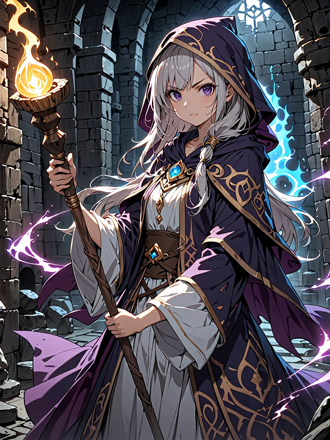 1 female, solo, ancient benevolent wizard, humble garb, dark atmosphere, wooden staff, worn clothes, dungeon, dark magic aura, close up, determined expression, holding staff