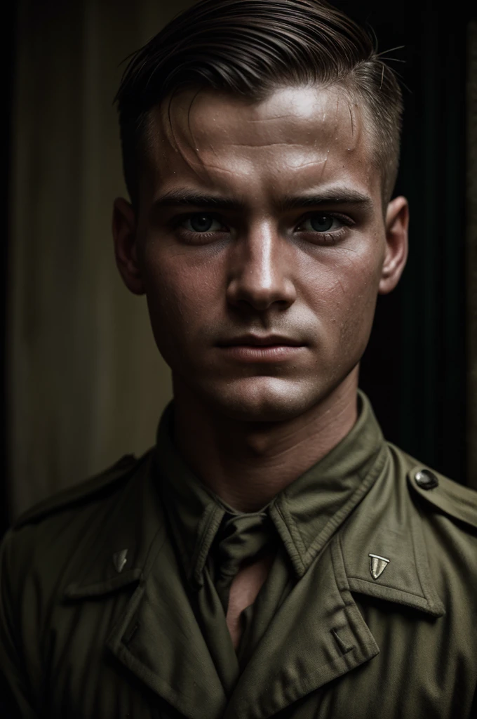 powerful vintage wet-plate close up portrait photo of a soldier, world war 2 photo, authentic film grain, daguerreo still 35mm photo by Alessio Albi and Charlie Bowater