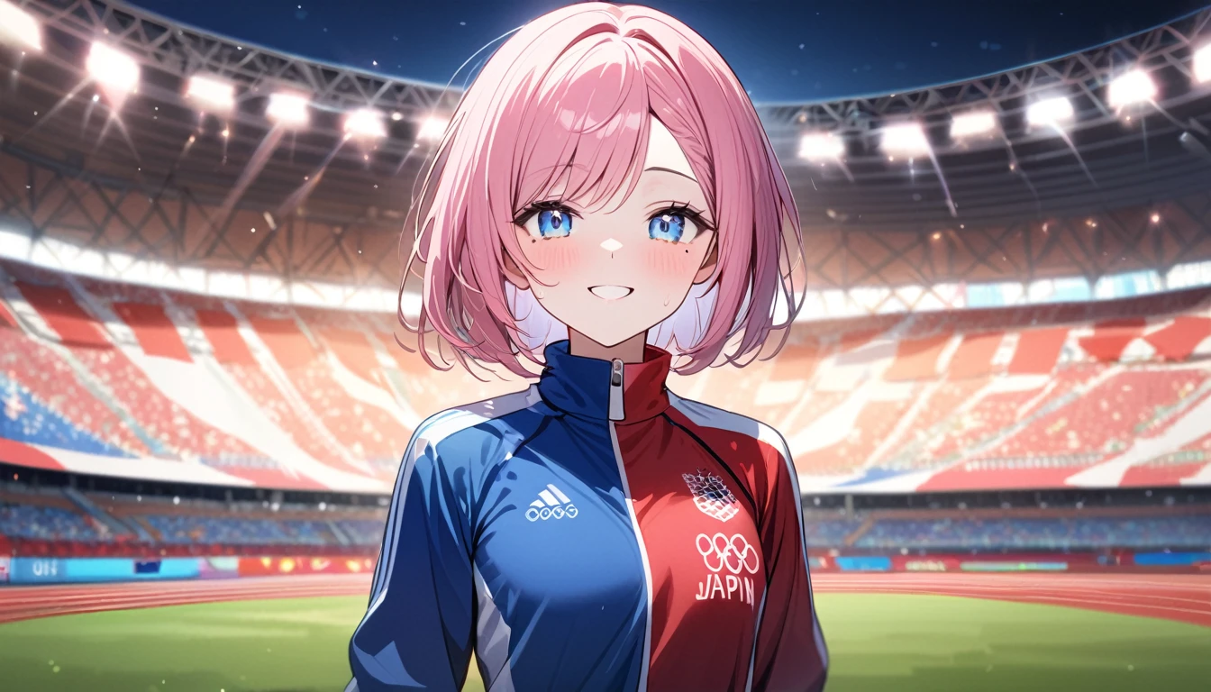 (1 girl),(Best Picture Quality, 8K, Masterpiece:1.3), (high school student:1.5), ((pink lob hair:1.1)), (bob cut),(swept bangs), (cute eyes, pupil black, iris skyblue, youthful face), (mole under right eye), (standard weight), (small breasts),(big hip), (glistening skin:1.2),(pale skin:1.2),(smile:1.2),(track and field uniform),(sweat:1.1),((Sports Event)),(Stadium),(Night),(Olympic),(Sparkling Festivities:1.2),((magnificent view:1.1)),(some players),(japan flag).
