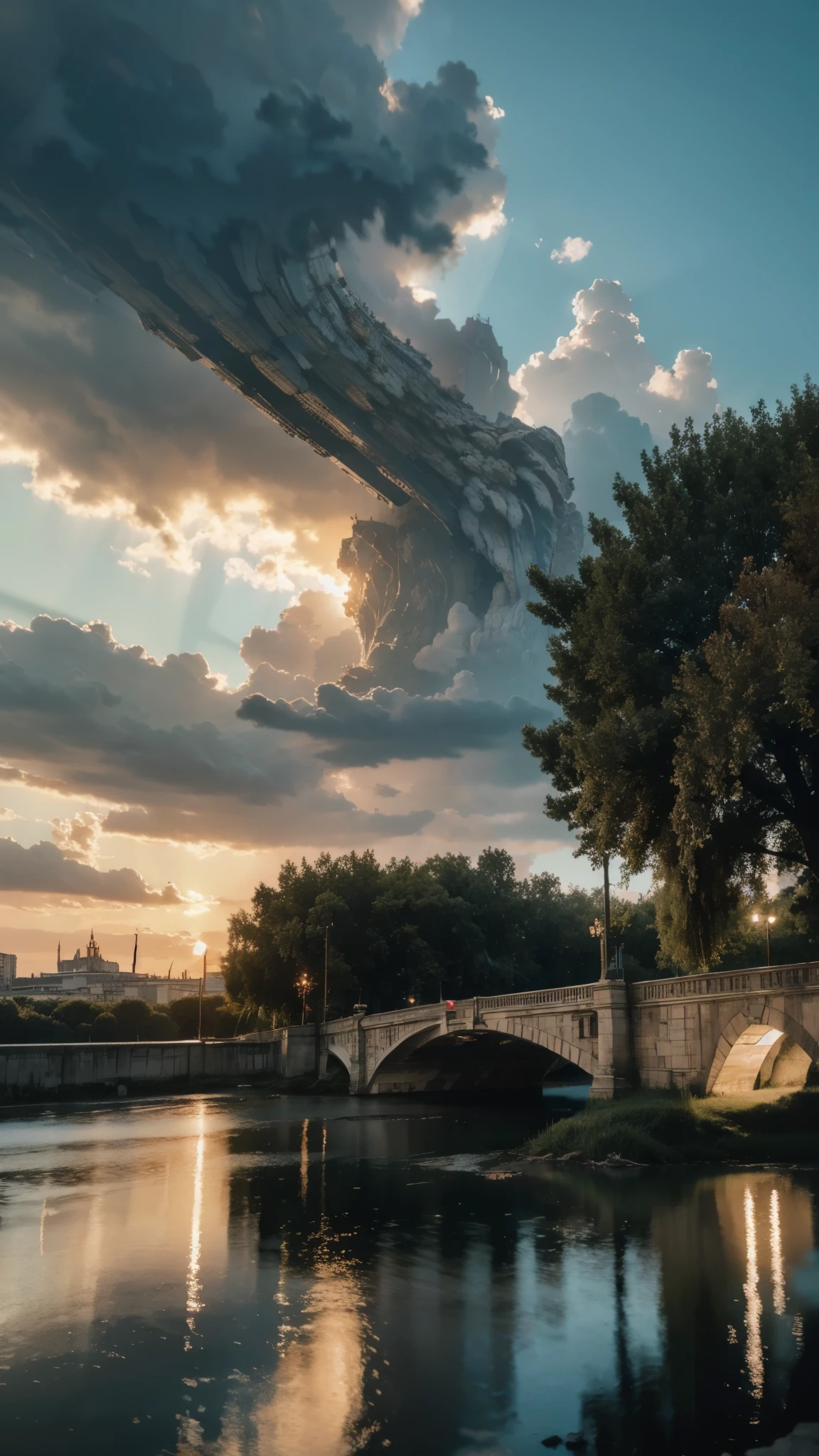best quality, masterpiece, photo realistic, intricate details, raw photo, photon rendering, octane render, absurdres, ultra detailed, detailed face, detailed skin, trending on artstation,8k masterpiece,cinematic lighting, scenery, scenery, no humans, cityscape, sky, city, cloud, outdoors, building, sunset, city lights, bridge, river, tree, roadn, artist name,