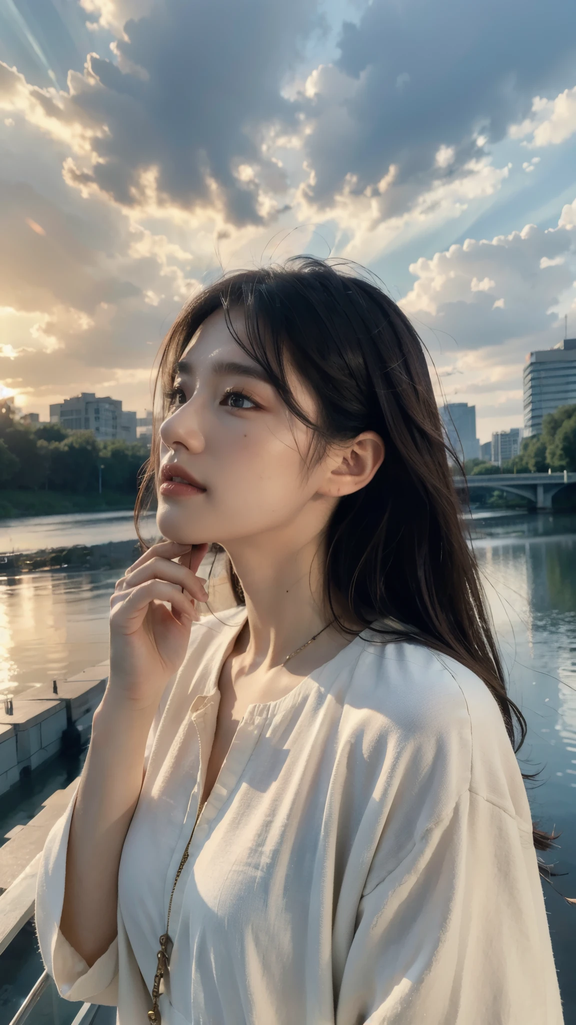 best quality, masterpiece, photo realistic, intricate details, raw photo, photon rendering, octane render, absurdres, ultra detailed, detailed face, detailed skin, trending on artstation,8k masterpiece,cinematic lighting, scenery, scenery, no humans, cityscape, sky, city, cloud, outdoors, building, sunset, city lights, bridge, river, tree, roadn, artist name,