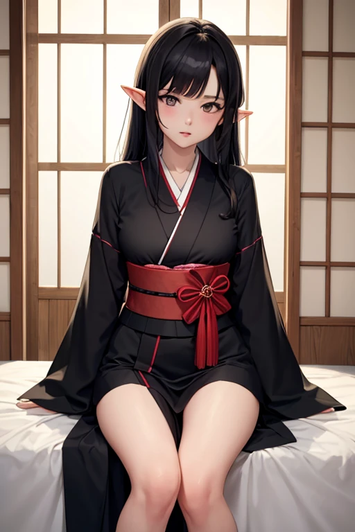 Anime elf girl with mature face hourglass body her should be A cup and with black lossed hair and wearing Japanese cute black kimono covering her body her skin should not be exposed and while being embarrassed while her chicks should be red
looking at me with passionate eyes while sitting on her knees on bed