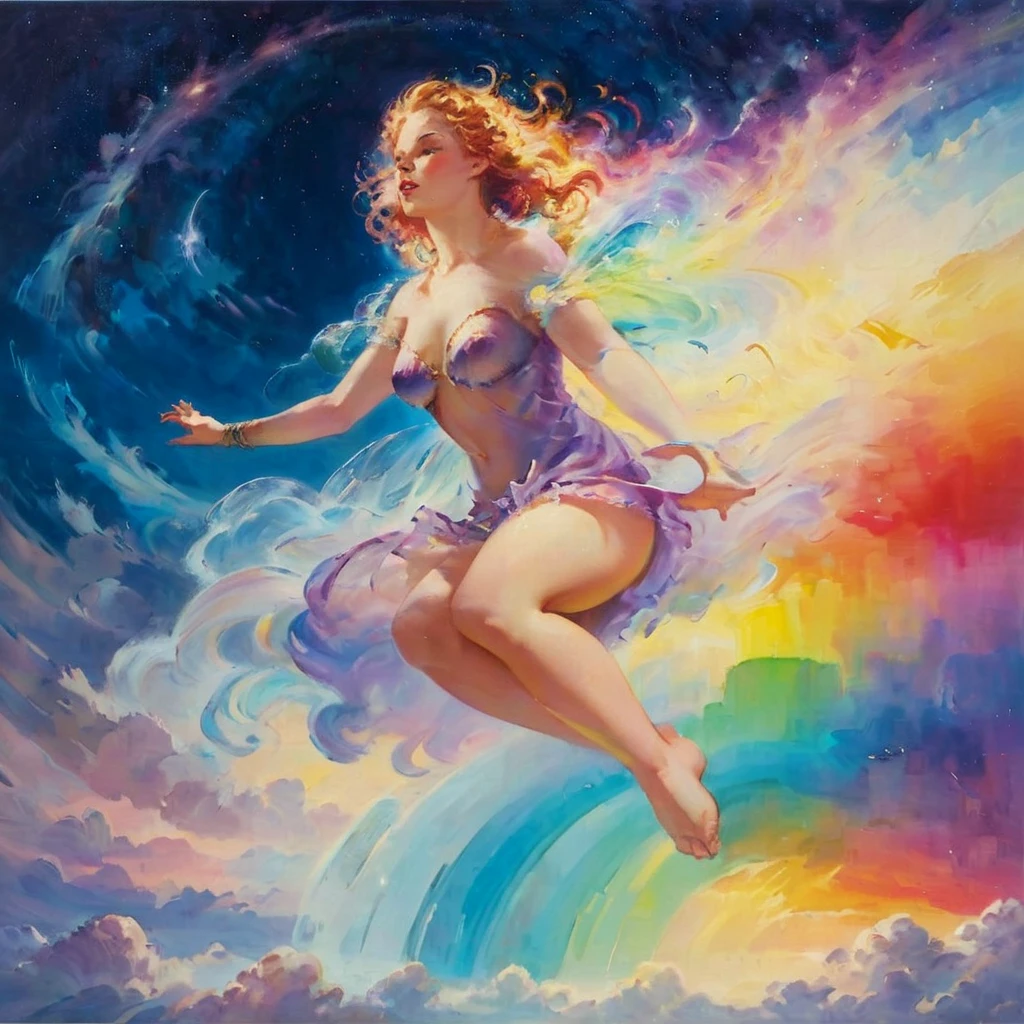 A stunningly ethereal woman, composed of a dazzling array of rainbow hues, reclines gracefully at the end of a radiant rainbow amidst the fluffy clouds in the sky. Bathed in dynamic and enchanting lighting, accentuates her vibrant, full-bodied form. Fantasy art. Masterpiece 