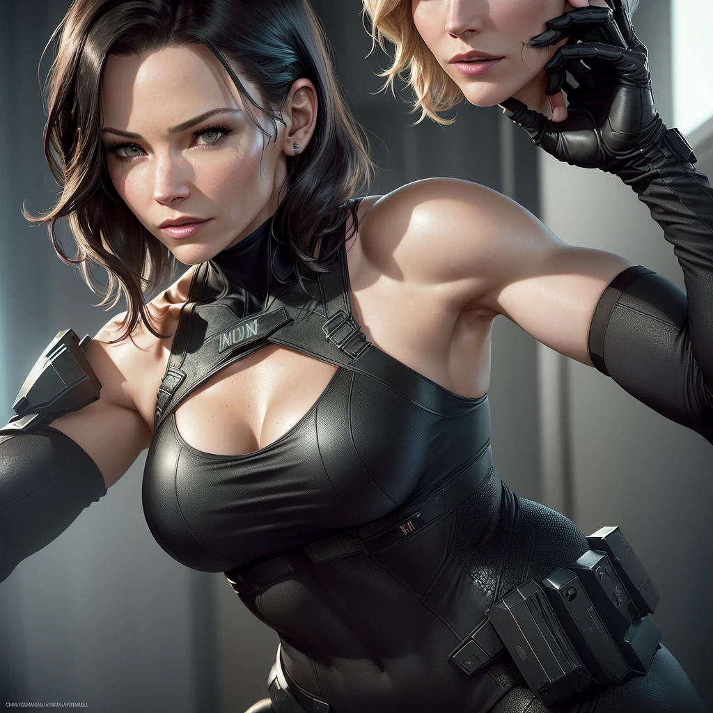 a close up of a woman with a black top and a black top, evangeline lilly, cinematic jennifer lawrence, cinematic close-up bust shot, cyborg cate blanchett, milla jovovich, movie screencap, glamorous jill valentine, lara croft, kate beckinsale weared as thief, cinematic close shot, in a scifi movie, quiet from metal gear solid