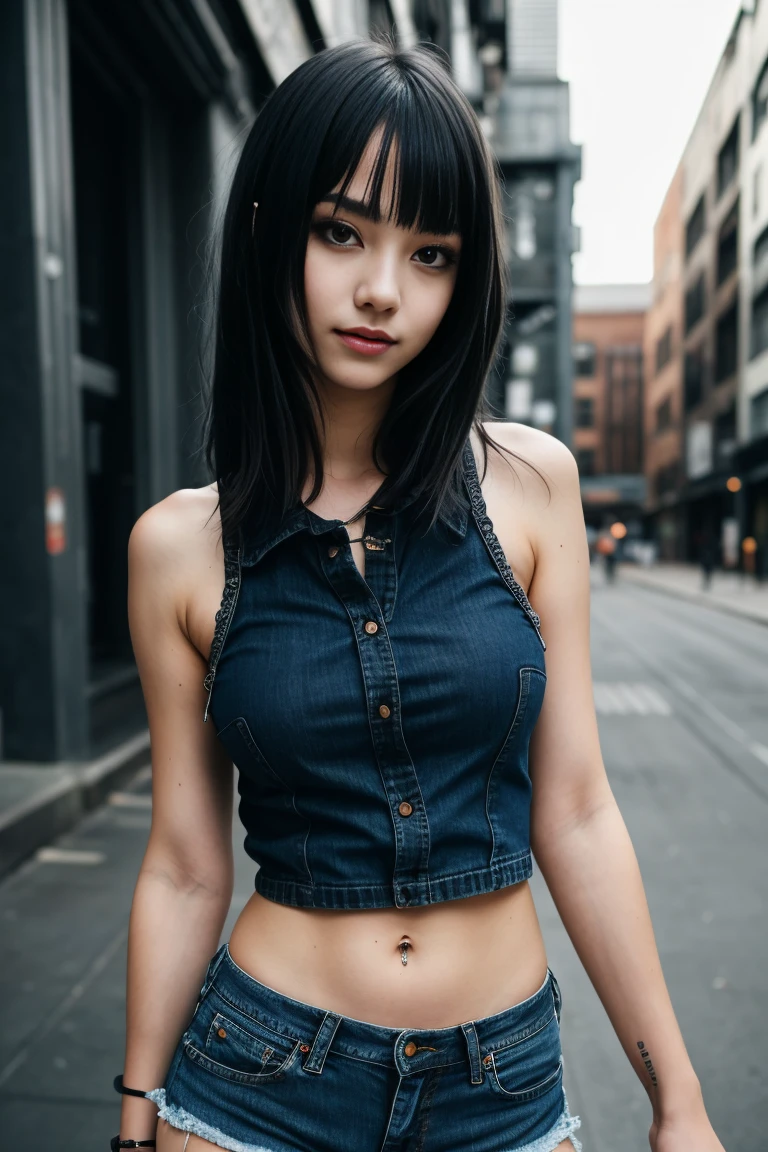 a beautiful 18 year old slim and sexy woman, emo girl, black short sleeve dress, denim shorts, detailed face, long eyelashes, intricate makeup, moody expression, cinematic composition, grungy urban environment,smile