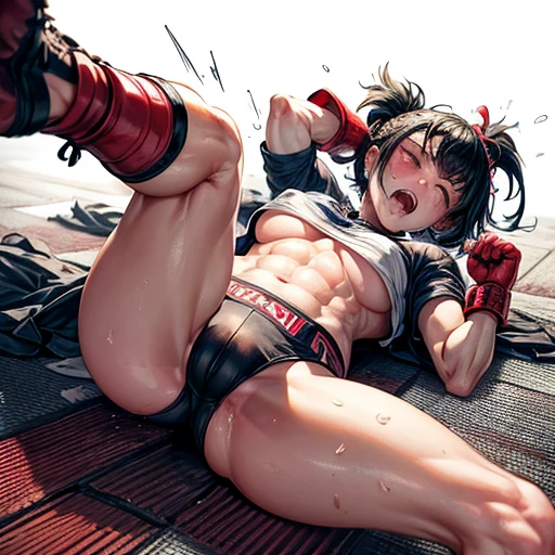 a bloody japanese girl street fighter and a lady street fighter is fighting in the battle arena. the girl is lying down. the lady knock out the girl. the girl is being beated down by the lady. the lady is punching the girl's body and face so hard. the girl has no energy. the girl is crying and screaming. the girl has short-cut black hair, shortness of breath, drool from her mouth, closed eye, exhaustion, and sweat soaked. open finger grobe. full body. Muscularity. Six pack abs. Erect nipples.
