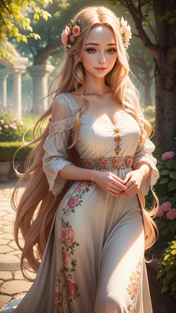 A beautiful young woman in a serene garden, smiling radiantly, long flowing hair, detailed eyes and lips, elegant floral dress, natural lighting, vibrant colors, 8k, photorealistic, digital art, highly detailed, masterpiece